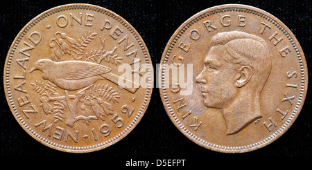 1 penny coin, Tui bird, King George VI, Nuova Zelanda, 1952 Foto Stock