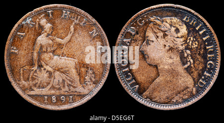 1 Farthing (1/4 penny) moneta, Queen Victoria, UK, 1891 Foto Stock