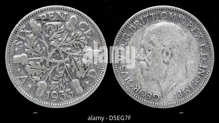 6 pence moneta d'argento, Re Giorgio V, UK, 1933 Foto Stock