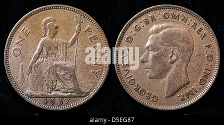 1 Penny coin, Britannia, King George VI, UK, 1937 Foto Stock