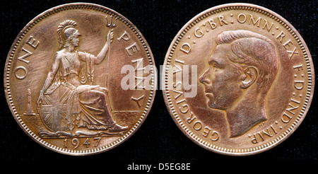 1 Penny coin, Britannia, King George VI, UK, 1947 Foto Stock