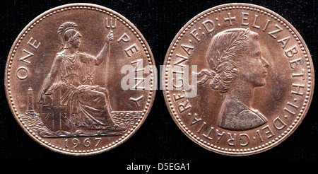 1 Penny moneta, la Regina Elisabetta II, UK, 1967 Foto Stock