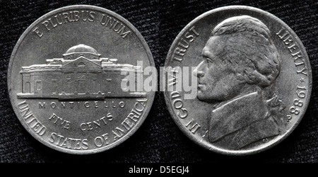 5 centesimi di euro moneta, Thomas Jefferson, USA, 1988 Foto Stock