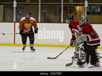 Marzo 31, 2013 - Christchurch, Nuova Zelanda - un goalie su un locale Christchurch ice hockey team accessori il team uniforme per un gioco giocato la Domenica di Pasqua. (Credito Immagine: © PJ Heller/ZUMAPRESS.com) Foto Stock