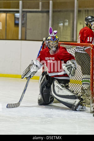 Marzo 31, 2013 - Christchurch, Nuova Zelanda - un goalie su un locale Christchurch ice hockey team accessori il team uniforme per un gioco giocato la Domenica di Pasqua. (Credito Immagine: © PJ Heller/ZUMAPRESS.com) Foto Stock