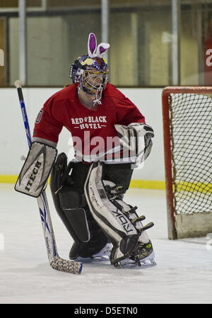 Marzo 31, 2013 - Christchurch, Nuova Zelanda - un goalie su un locale Christchurch ice hockey team accessori il team uniforme per un gioco giocato la Domenica di Pasqua. (Credito Immagine: © PJ Heller/ZUMAPRESS.com) Foto Stock