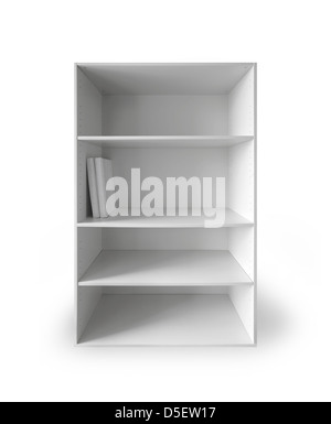 Cabinet bianco con gli scaffali vuoti e due libri sopra lo sfondo bianco con ombra morbida Foto Stock