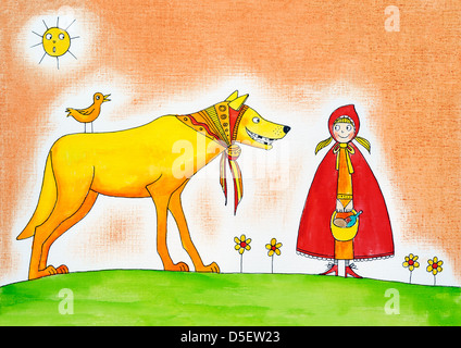 Little Red Riding Hood, bambino del disegno, pittura ad acquarello, cartoon Foto Stock