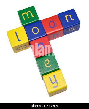 Blocchi di legno di ortografia e di prestito denaro Foto Stock