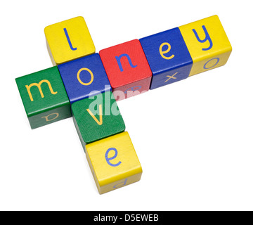 Blocchi di legno ortografia Amore e Denaro Foto Stock