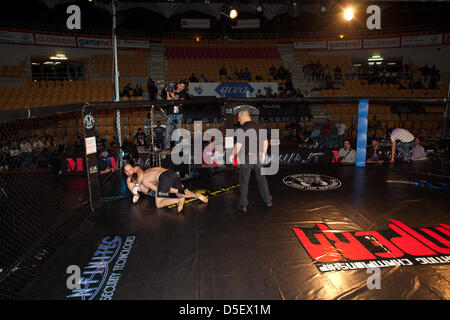 Roma, Italia - 30 Marzo: presso il Palazzo dello Sport di viale Tiziano fenomeni di Mixed Martial Arts fighted nel 'Cage' dando adrenalina pura per gli spettatori. La natura spettacolare di questo evento risiede nella combinazione di diverse discipline che si riuniscono in una singola partita, che avviene all'interno di una gabbia di 9 metri. Nulla è vietato. È stato di gran lunga il più interessante mostrare sulla scena nazionale. Molto evidenziato il confronto tra il brasiliano Fabricio Nascimento contro Marco Santi finita con la vittoria di Marco Santi - Marzo 30, 2013 a Roma. Foto Stock