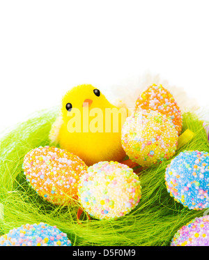 Primo piano della bella Pasqua ancora vita isolata su sfondo bianco, uova colorate su erba verde, Nizza pulcino giallo Foto Stock