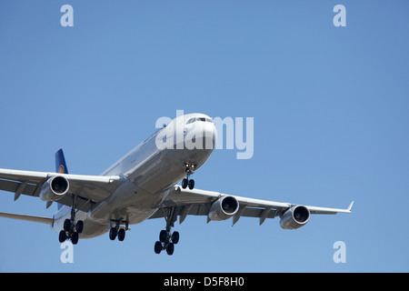 Lufthansa Airbus 340-300 Iscrizione D-AIGY, atterrando all'Aeroporto Pearson, pista 24-L, Toronto, Canada Foto Stock