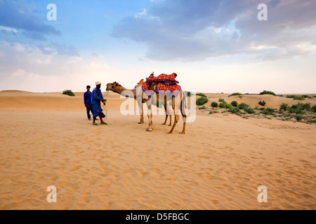 Due uomini stavano in piedi con i cammelli in un deserto deserto di Thar, Jaisalmer, Rajasthan, India Foto Stock