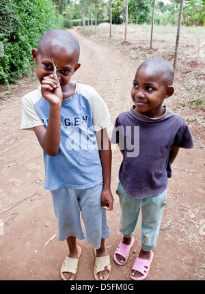 Due ragazzi giocare con tramoggia di erba in Africa;Bambini Felici;orfani; nella scuola e a giocare fuori a Moshi;Tanzania;l Africa orientale Foto Stock