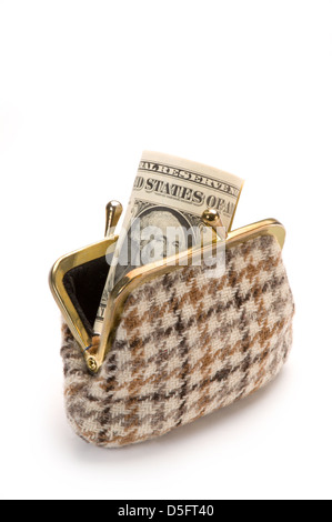 Portamonete con American fatture all'interno su bianco Foto Stock