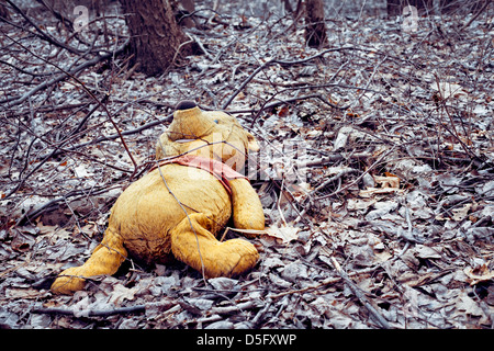 Winnie the pooh peluche abbandonato nel bosco Foto Stock