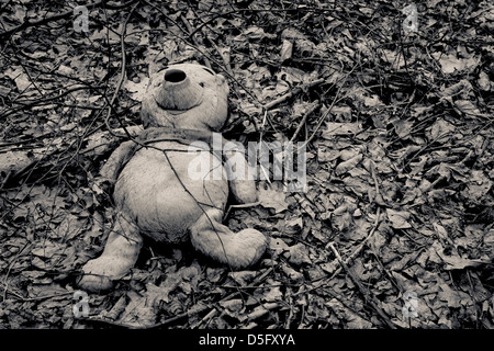 Winnie the pooh peluche abbandonato nel bosco Foto Stock