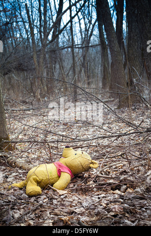 Winnie the pooh peluche abbandonato nel bosco Foto Stock