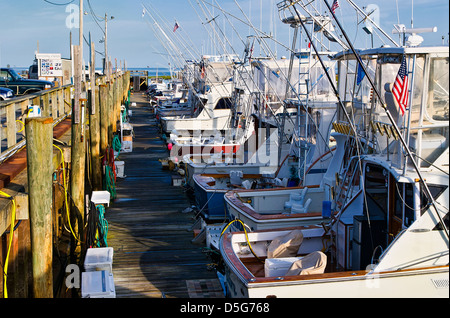 Charter di barche da pesca ormeggiata nel porto di roccia, Orleans, Cape Cod, Massachusetts, STATI UNITI D'AMERICA Foto Stock