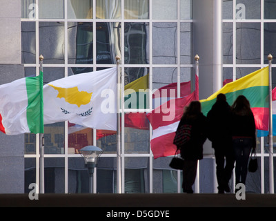 Varie stato membro UE bandiere a Bruxelles in Belgio con stagliano gruppo di persone a piedi Foto Stock