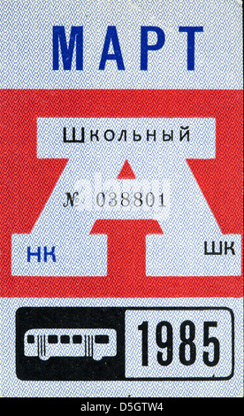 Scuola mensile carta di viaggio per Mosca bus pubblico, Marzo 1985 Foto Stock