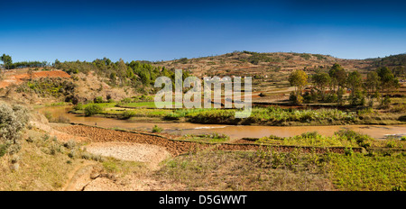 Madagascar, Ambatolampy, fiume che scorre attraverso terrazzati paesaggio agricolo, panoramica Foto Stock