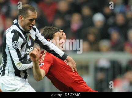 Monaco di Baviera, Germania. Il 2 aprile 2013. Monaco di Baviera è Daniel van Buyten (R) e Torino di Giorgio Chiellini si contendono la palla durante la UEFA Champions League quarti di finale prima gamba partita di calcio tra FC Bayern Monaco e Juventus Torino a München Arena di Monaco di Baviera, Germania, 02 aprile 2013. Foto: Andreas Gebert/dpa Foto Stock