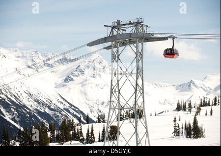 Il Whistler picco picco 2 gondola costeggia una coperta di neve montagna. Whistler BC, Canada Foto Stock