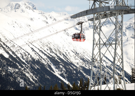 Il Whistler picco picco 2 gondola costeggia una coperta di neve montagna. Whistler BC, Canada Foto Stock