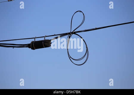 Un telefono internet o comunicazioni via cavo o cavi a fibra ottica e la scatola di giunzione su una linea di potenza Foto Stock