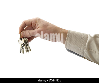 Le mani umane e chiave isolati su sfondo bianco Foto Stock