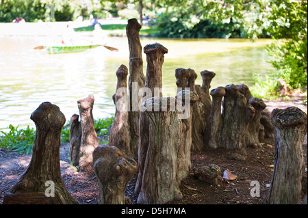 Capovolto radici di albero da un lago nel Parco Marsiglia, Francia Foto Stock
