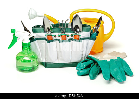 Set di cura delle piante e utensili da giardinaggio, utensili su bianco Foto Stock