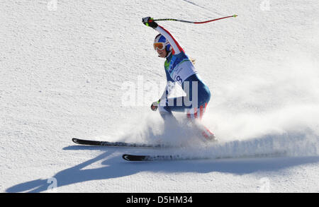 Lindsey Vonn degli STATI UNITI D'AMERICA reagisce nella finish area durante la donna super combinate in discesa gara presso il Vancouver 2010 Giochi Olimpici, 18 febbraio 2010 in Whistler, Canada. Foto Stock