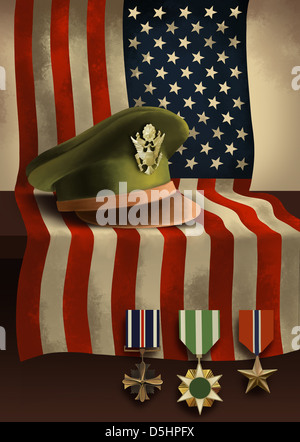 Immagine illustrativa della bandiera americana con medaglie e cappello militare che rappresenta il patriottismo Foto Stock