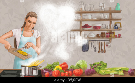 Immagine illustrativa della donna la cottura di alimenti che rappresentano la cura per la famiglia Foto Stock