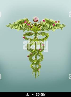 Immagine illustrativa del caduceo simbolo fatta di erbe che rappresenta la medicina naturale Foto Stock