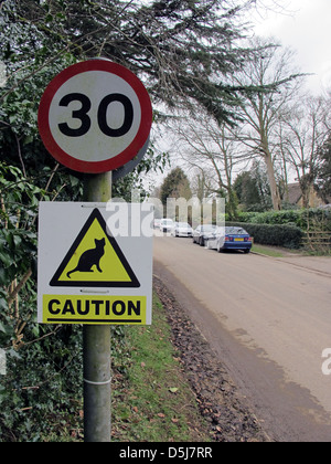 30 mph segnale di limite di velocità e segno di avvertimento di gatti incrocio su una strada in Inghilterra rurale. Foto Stock