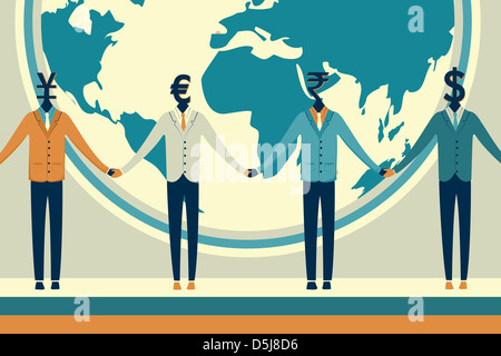 Immagine illustrativa di uomini di affari dei capi con vari simboli di valuta in rappresentanza di global business Foto Stock