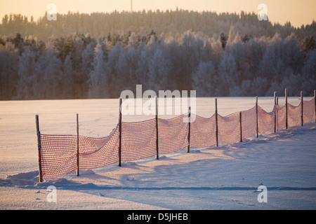 Maglia di plastica recinto utilizzato come recinzione di neve su un campo in inverno , Finlandia Foto Stock