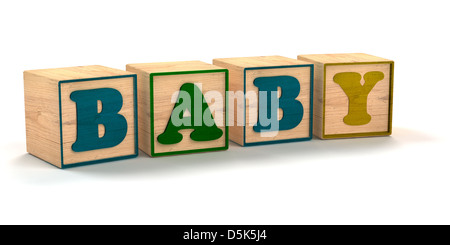 Baby enunciato nel bambino i blocchi di colore angolato con sfondo bianco e le ombre morbide per il lato destro, copia Foto Stock