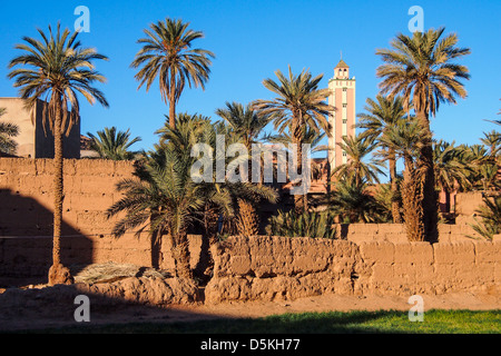 Muro di fango, minareto e oasi nel deserto del Sahara. Igli, Marocco Foto Stock