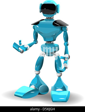 Illustrazione di un robot blu su sfondo bianco Foto Stock