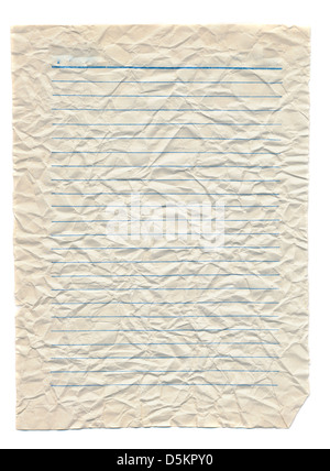 Spiegazzato e vuoto notebook pagina carta isolato su bianco Foto Stock