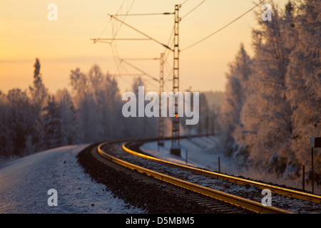 I binari ferroviari alla luce della sera , Finlandia Foto Stock