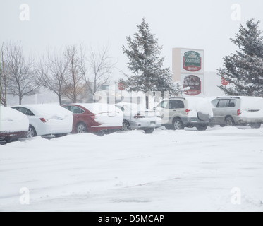 Marriott Hotel parcheggio in tormenta di neve che ricoprono le automobili e gli alberi Foto Stock