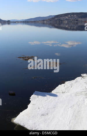 Riflessioni e ghiaccio in un fiordo norvegese, Drammensfjorden, Drammen, Norvegia, Europa Foto Stock