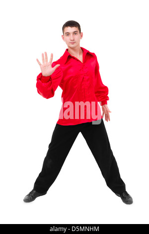 Amichevole ballerino sorridente che mostra alcuni movimenti Foto Stock