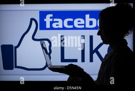 Illustrazione - una donna che lavora sul suo computer di fronte gli illuminati facebook-sign in Schwerin, Germania, 04 aprile 2013. Solo in Germania la rete sociale conta oltre 25 milioni di utenti. Foto: Jens Buettner Foto Stock